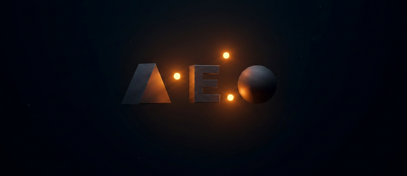 Abstract AEO acronym for "answer engine optimization" flowing in space with dim lights