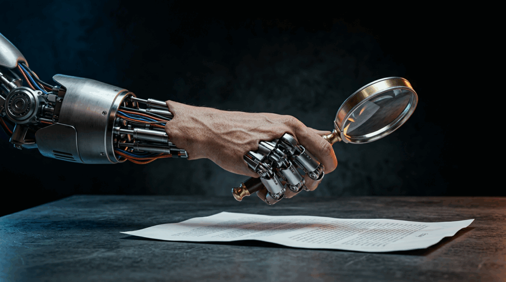 a robot-human hybrid arm holding a magnifying glass over an essay looking for AI text detection