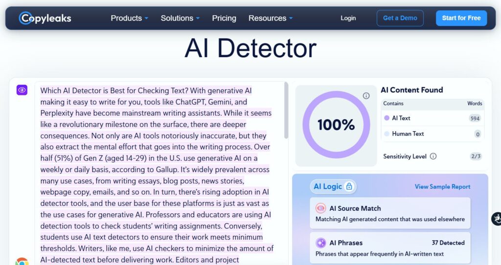 Screenshot of Copyleaks Free AI Detector Tool in Action at 100% Human Written
