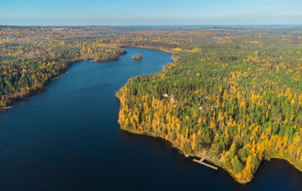 aerial landscape of lake and forest in autumn