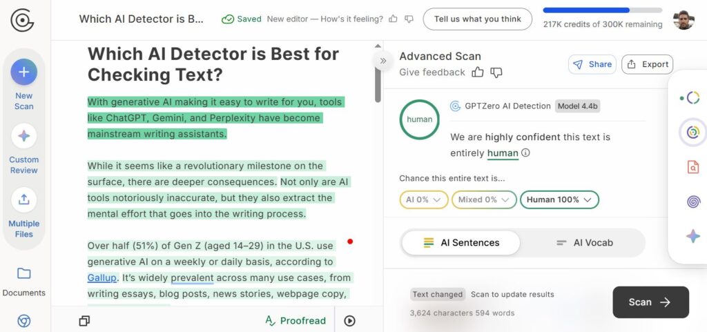 Screenshot of GPTZero's AI Detector Interface
