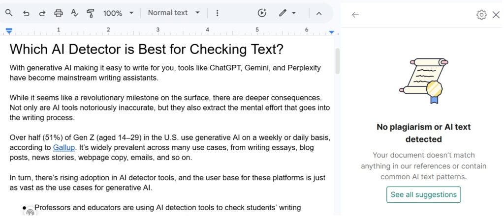 Screenshot of Grammarly's AI Text Checker Interface