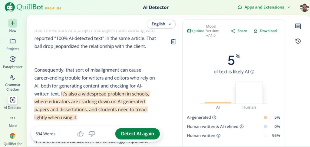 Screenshot of Quillbot’s AI content detector tool interface in action with 5% AI detected content