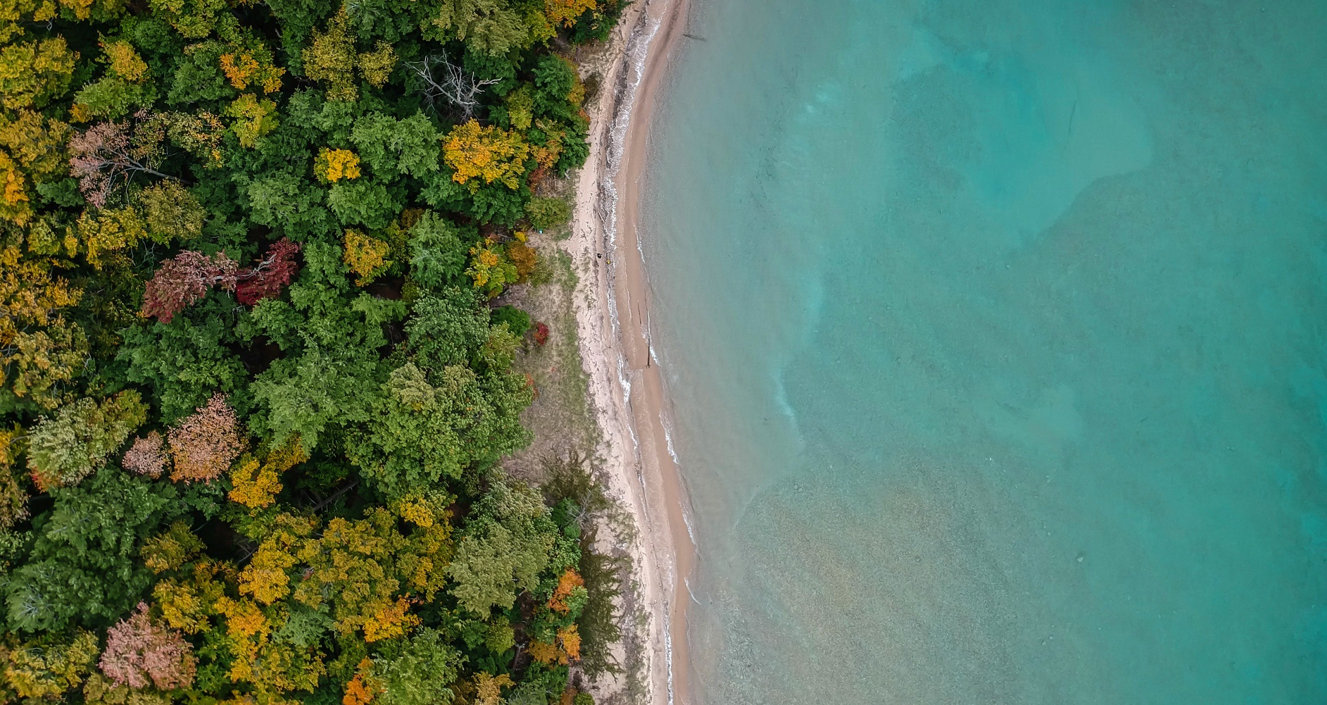 Aerial view of the Traverse City coast of the aqua blue water of the bay