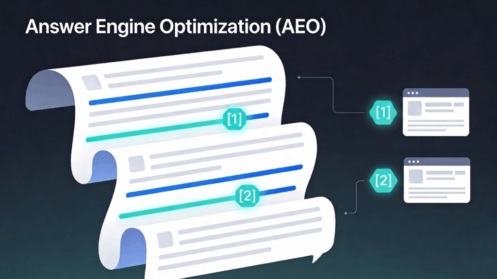 Vector Art of Page Showing AI-cited Content Influence Answer Engine Optimization (AEO)